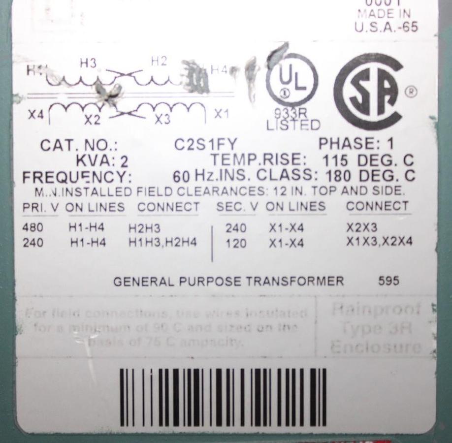 Used SQUARE D TRANSFORMER C21FY 2 KVA PRI: 480V SEC: 240V SINGLE PHASE