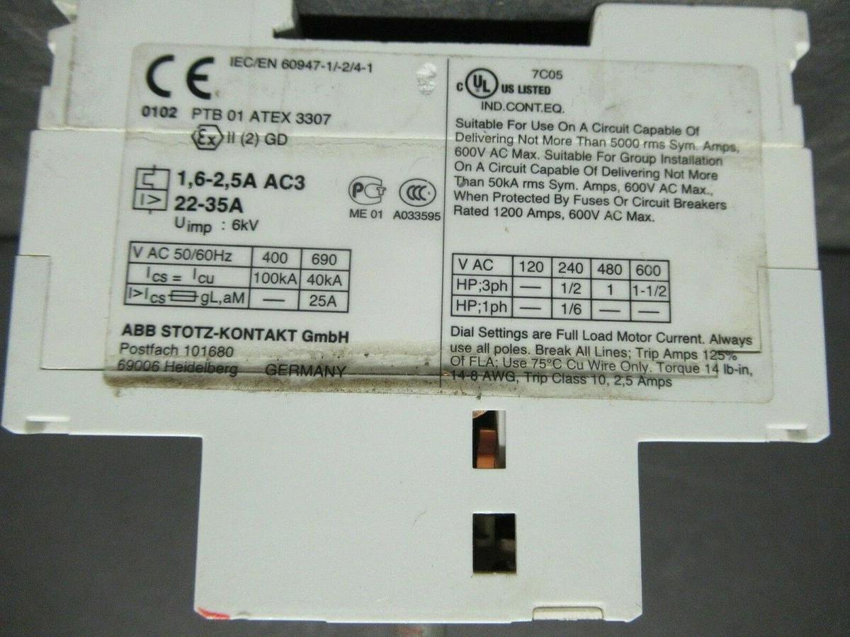 Used ABB MANUAL MOTOR START MS325 1.6-2.5 AMP 600 VAC W/ AUXILIARY CONTACTS