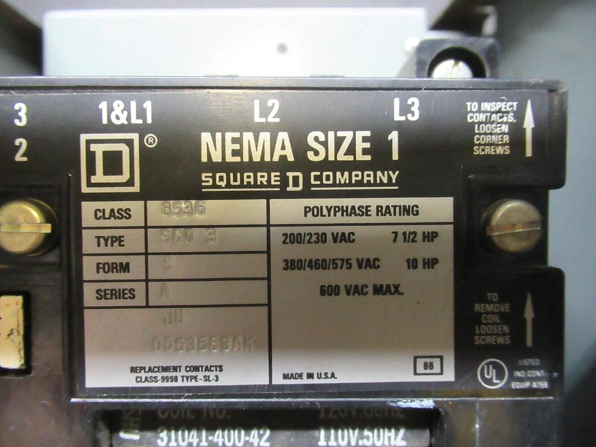 Used SQUARE D MCC MOTOR CONTROL STARTER 12" MODEL 5 W/ 8536SCO3 STARTER NEMA 1 30 AMP