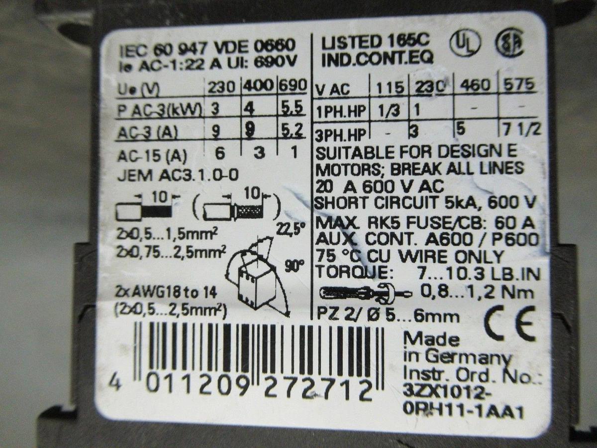 Used SIEMENS SIRIUS 3R CONTACTOR 3RT1016-1BB42 600V 20A 7.5HP G/010731