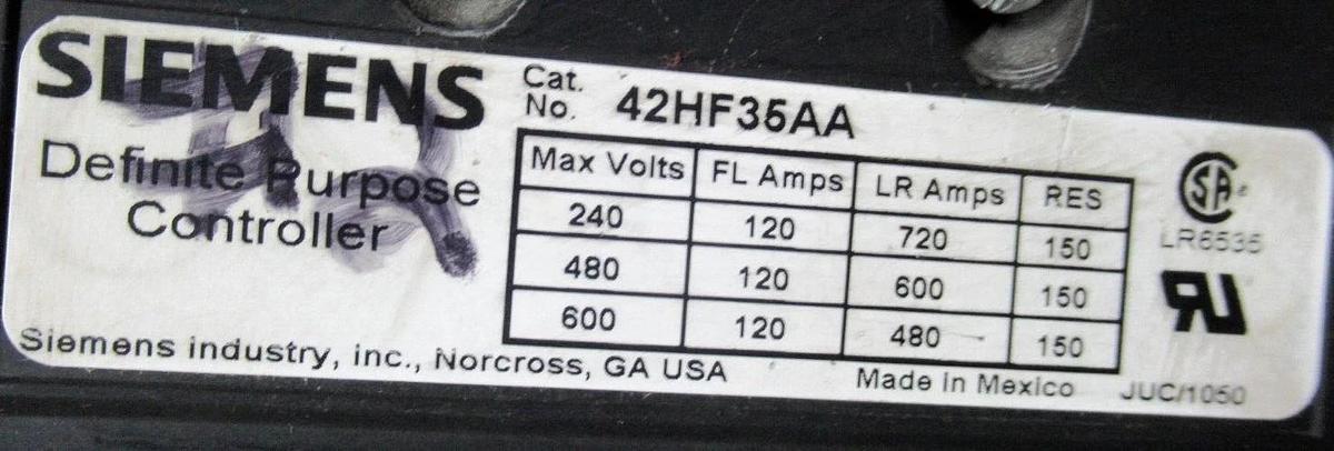 Used SIEMENS CONTACTOR 42HF35AA 600 VAC 120 AMP 3-PHASE COIL: 240 VOLT
