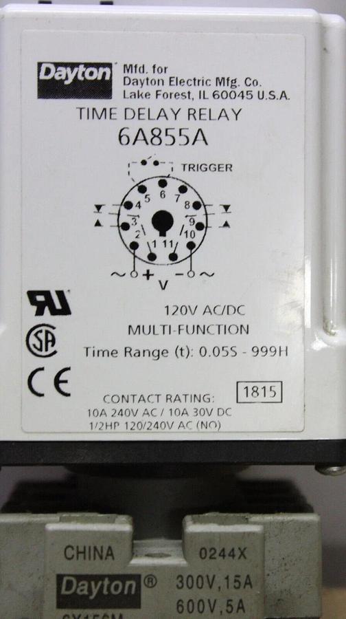 Used DAYTON ADJUSTABLE TIME DELAY RELAY 6A855A 0.05 SEC TO 999 HOUR 120 VAC 10 AMP