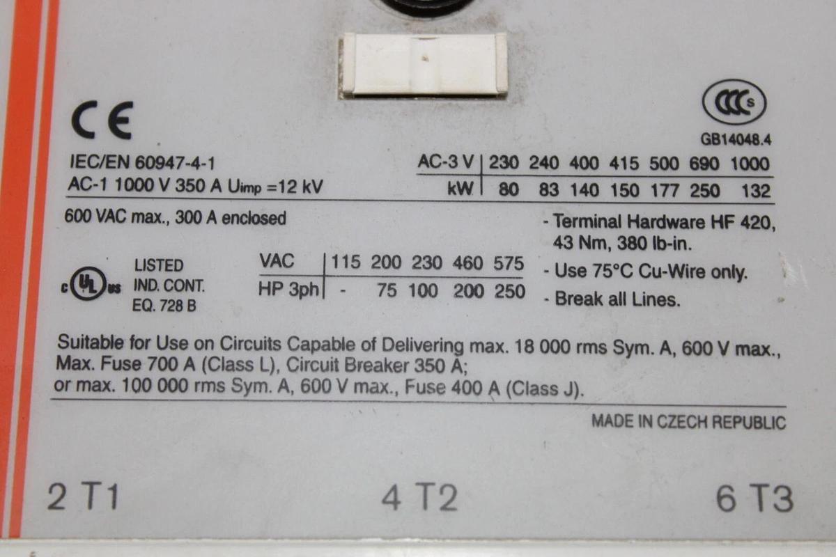 Used SPRECHER+SCHUH CONTACTOR CA6-250-EI 300 AMP 600 VAC 250 HP COIL: 110-130V