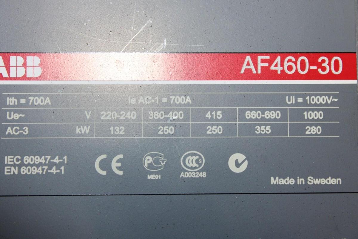 Used ABB CONTACTOR AF460-30 3-POLE 600 VAC 500 HP 700 AMP COIL: 24/60 VOLT
