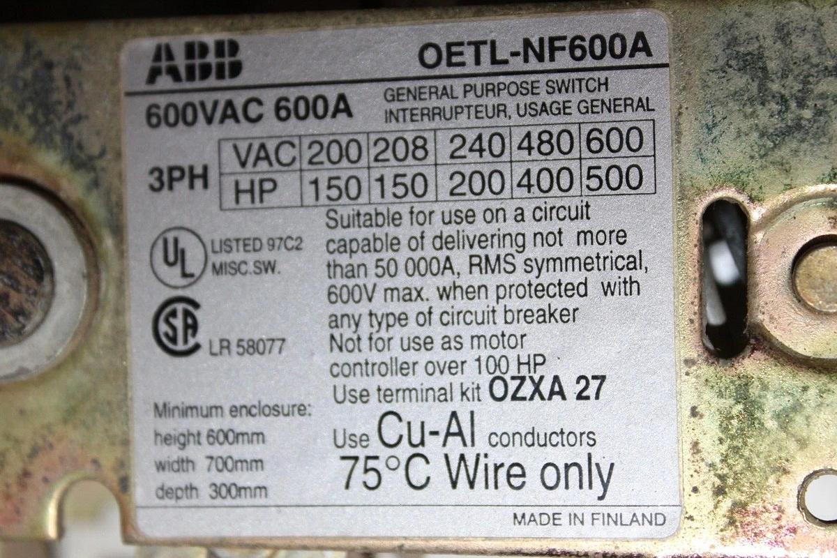 Used ABB SAFETY DISCONNECT SWITCH OETL-NF600A 600 VOLT 3-PHASE 500 HP 800 AMP