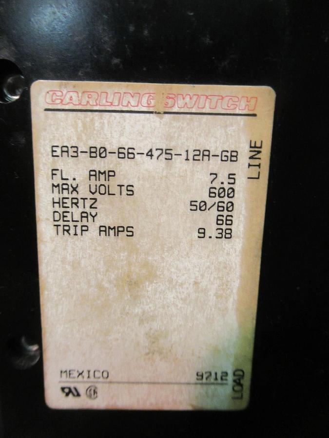 Used CARLINGSWITCH 7.5 AMP 600 VAC 3 POLE EA3-B0-66-475-12A-GB 9.38 TRIP AMPS 50/60HZ