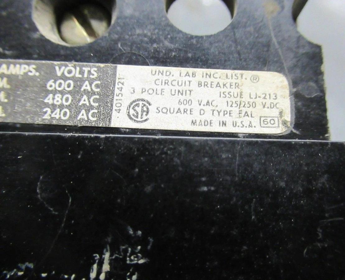 Used SQUARE D BREAKER FAL36020 20A 600VAC 3 POLE W/ BOTTOM LUGS **WARRANTY INCLUDED**