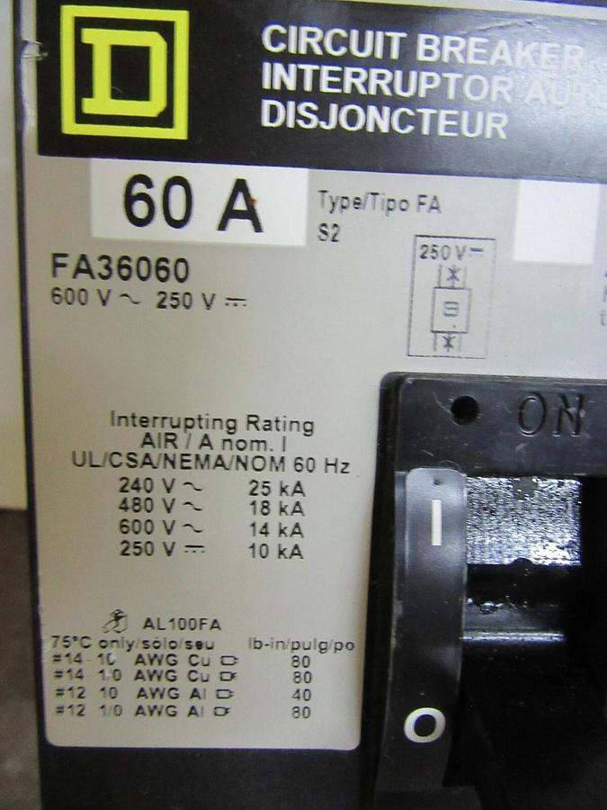 SQUARE D I-LINE BREAKER FA36060 3-POLE 60 AMP 600 VAC W/ LUGS **WARRANTY**