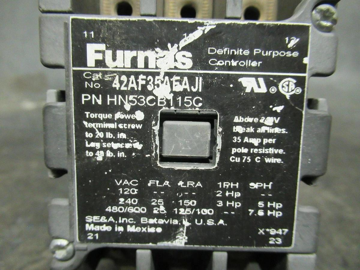 Used 25 AMP FURNAS CONTACTOR 42AF35AFAJI HN53CB115C 600 VAC 3 POLE 35 AMP/RES 7.5 HP