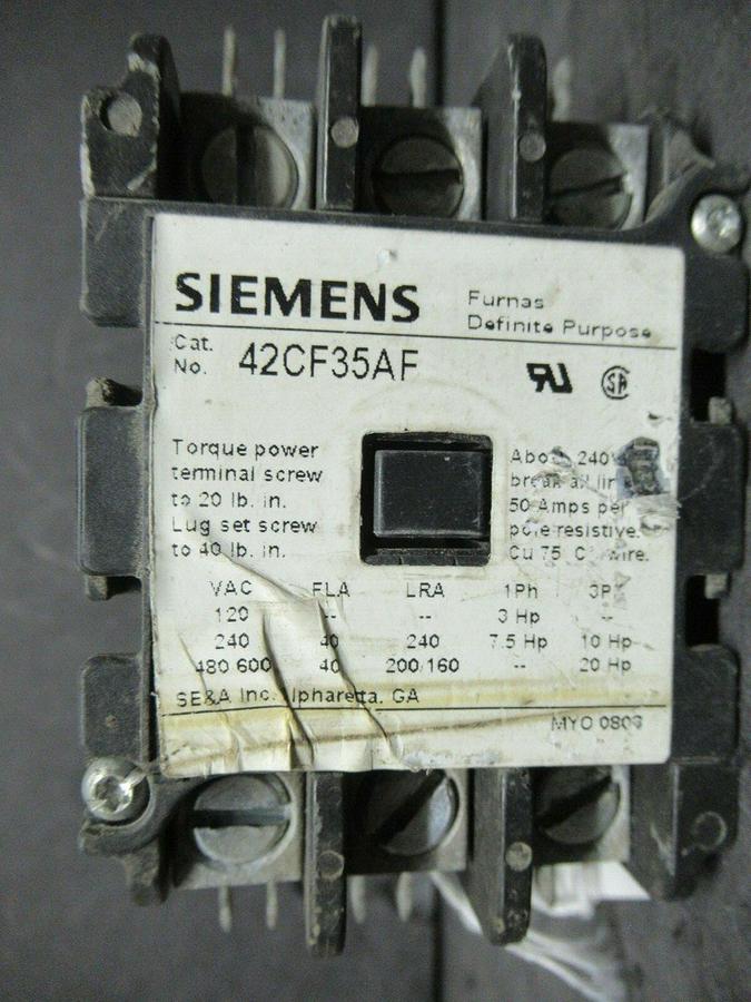 Used SIEMENS CONTACTOR 42CF35AF 40 AMP 50 AMP/RES 600 VOLT 20 HP