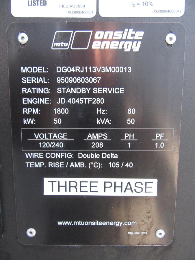 Used 50 KW DIESEL GENERATOR MTU 120/208V 3 PH JOHN DEERE SOUND ENCLOSED 158 HRS VIDEO 2016