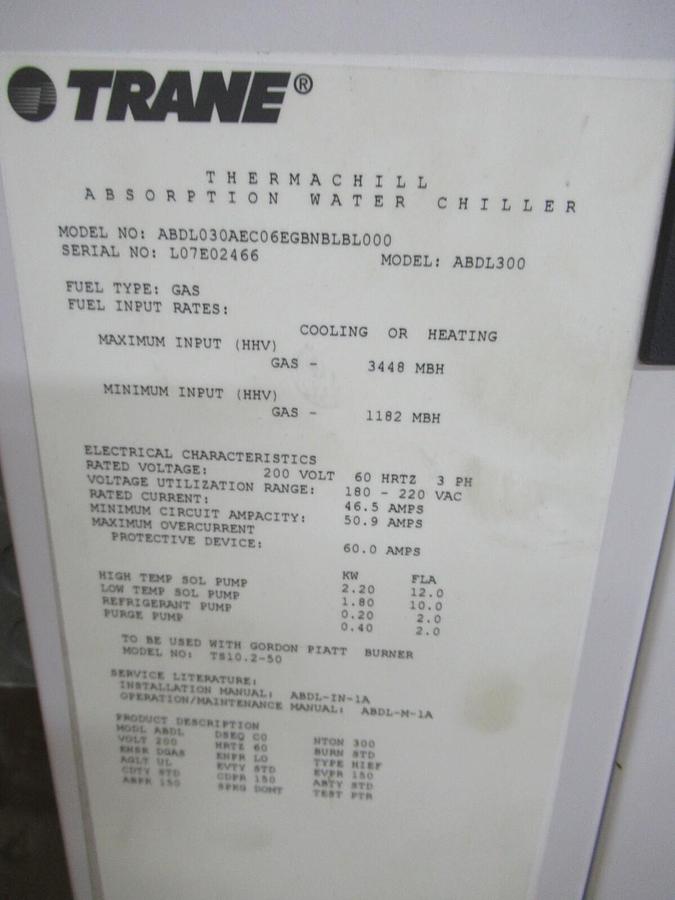 Used TRANE THERMACHILL CONTROL PANEL FOR ABSORBTION CHILLER 180-220 VAC 46.5-50.9 AMP