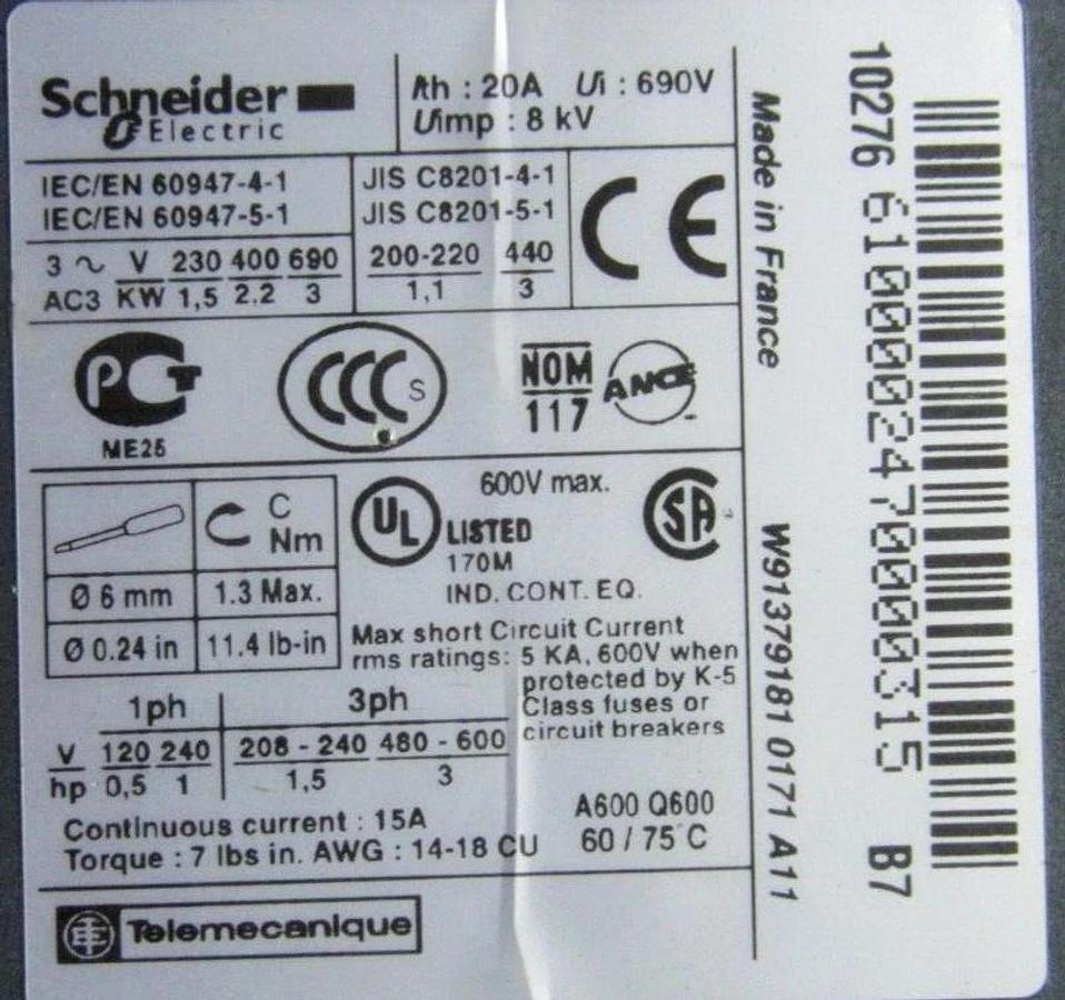 Used LOT OF 5 SCHNEIDER CONTACTOR LC1K06-10B7 600 VOLT 15 AMP 3-PHASE COIL: 24 VOLT