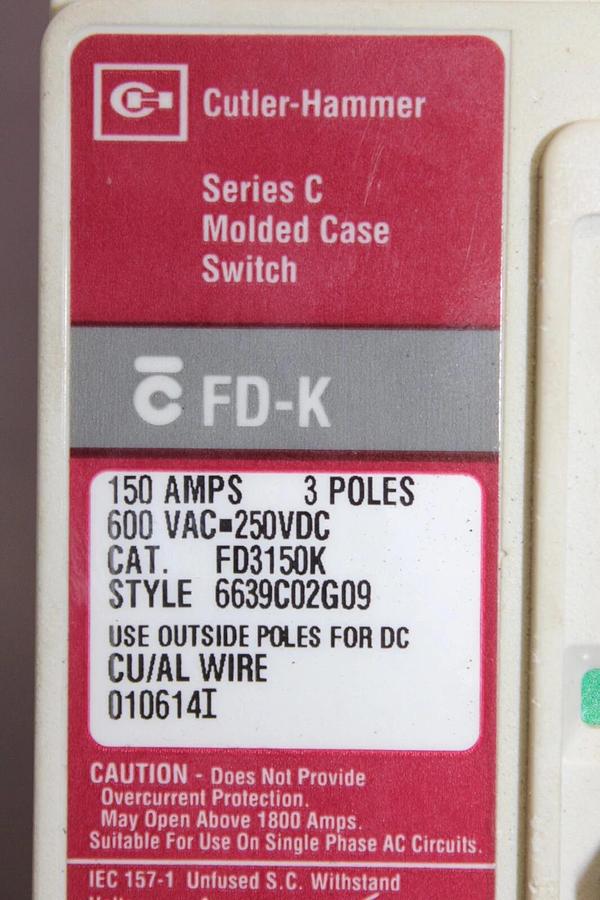 Used CUTLER HAMMER MOLDED CASE SWITCH FD3150K 150 AMP 600 VAC 3-POLE FD-K FRAME