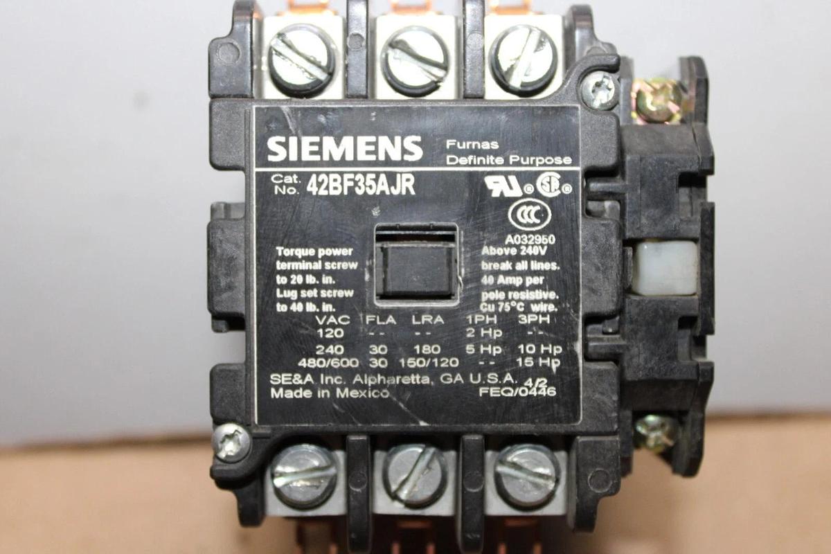 Used SIEMENS CONTACTOR 42BF35AJR 600 VAC 30 AMP 15 HP 3-PHASE COIL: 24 VOLT