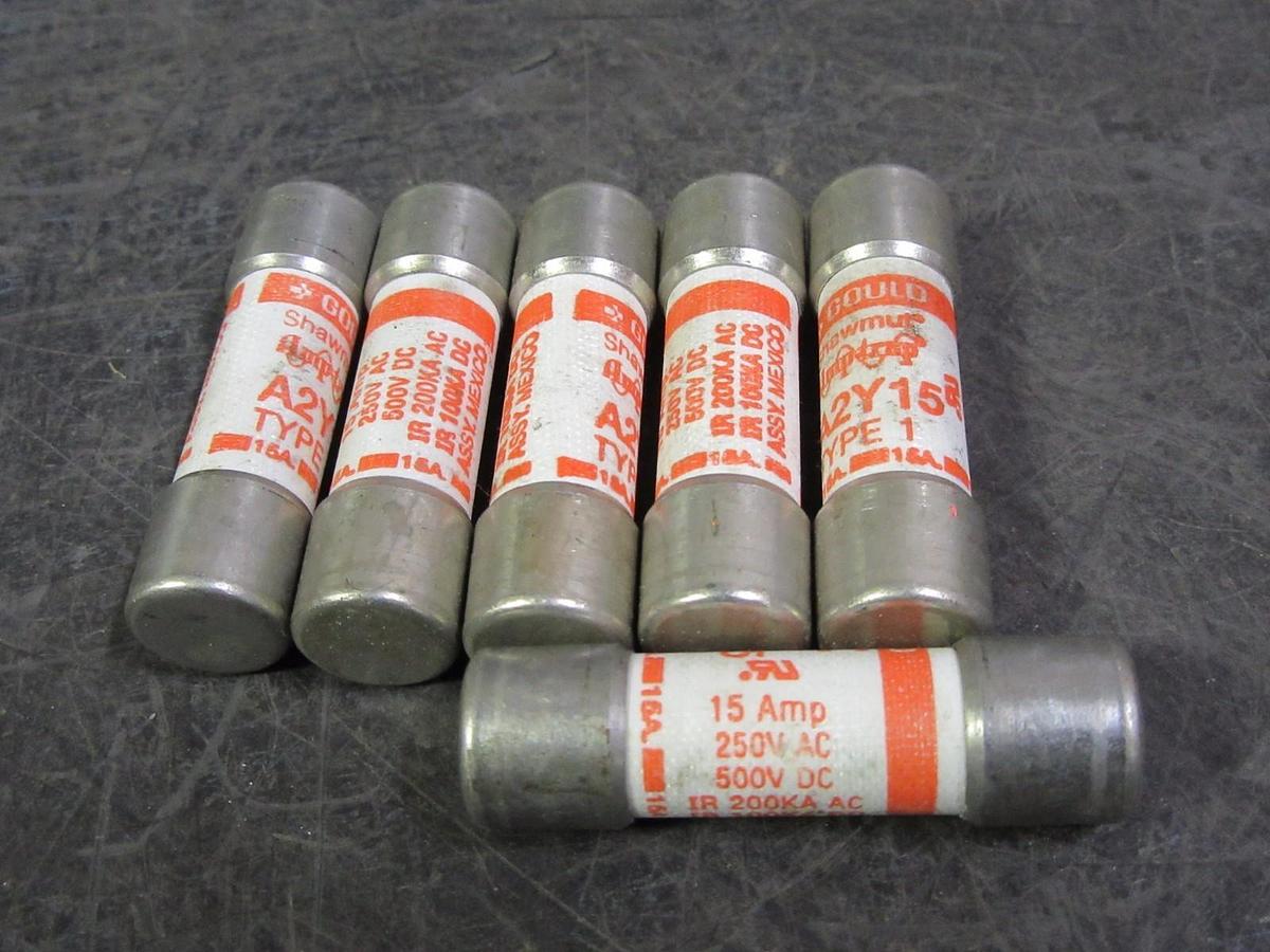 Used LOT OF 5 A2YI5 GOULD SHAWMUT AMPTRAP FUSE 15 AMP 250 VAC 500 VDC TYPE 1 A2Y15