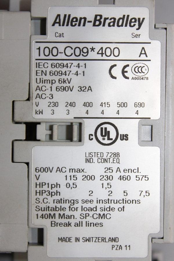 Used ALLEN BRADLEY STARTER 100-C09*400 SER. A 600 VAC 25 AMP 7.5 HP W/ 193-T1AA40