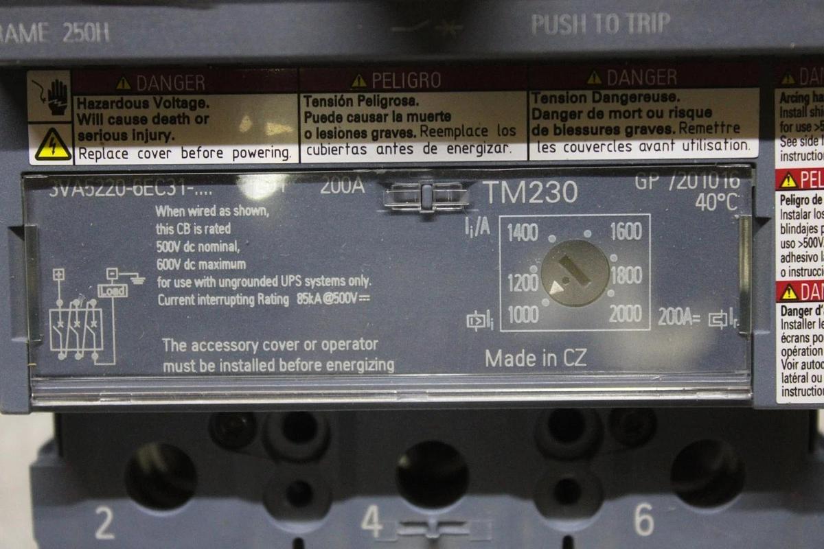 Used SIEMENS HACR CIRCUIT BREAKER 3VA5220-6EC31 200 AMP 600 VOLT 3-POLE 250H