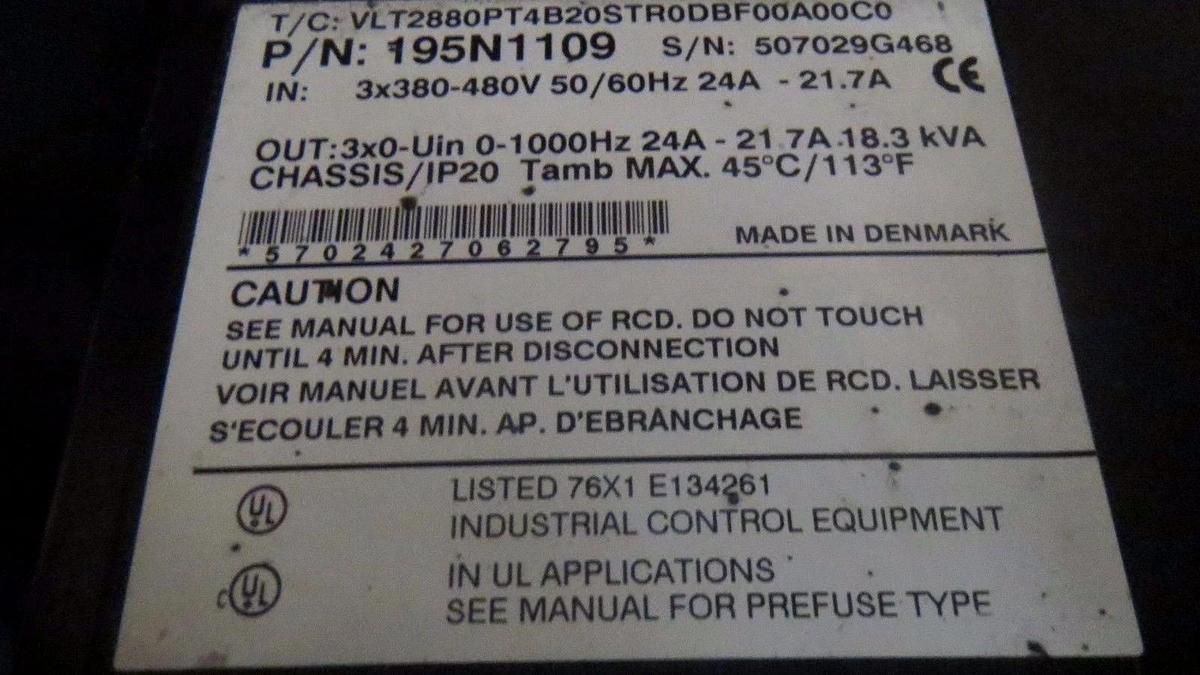 Used DANFOSS VARIABLE SPEED DRIVE VLT 2800 380-480V 15 HP 18.3 KVA MODEL: 195N1109