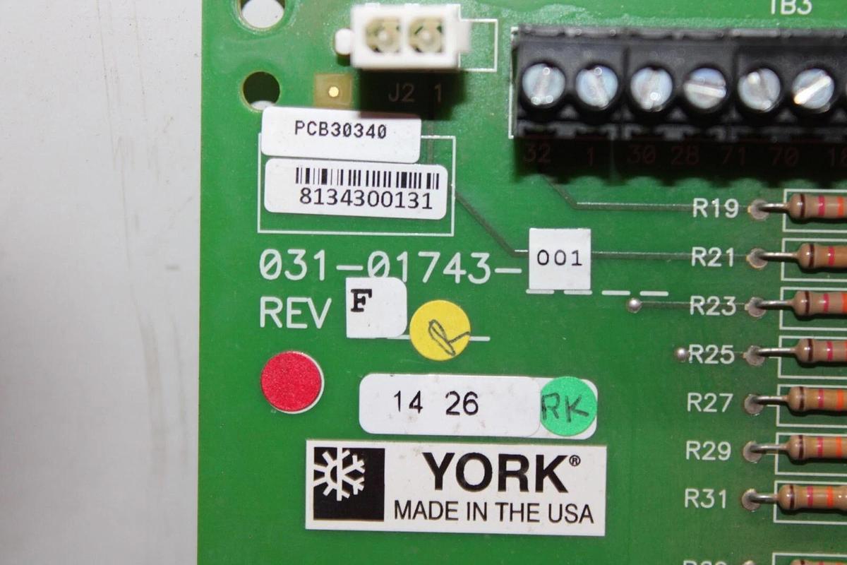 Used YORK HVAC CENTRIFUGAL CHILLER I/O CIRCUIT BOARD 031-01743-001 REV. F *WARRANTY*