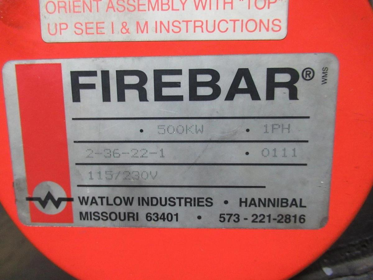 Used WATLOW INDUSTRIES FIREBAR TUBULAR HEATER 2-36-22-1 500 KW 1-PHASE 115/230 VOLT