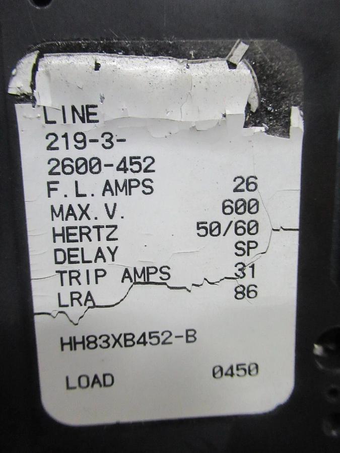 Used AIRPAX 26 AMP 31 TRIP AMPS CIRCUIT BREAKER 600 VAC 219-3-2600-452 HH83XB452-B