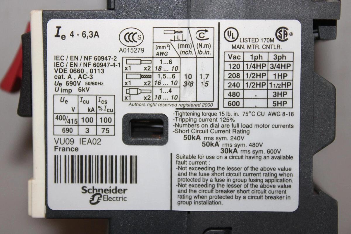 Used TELEMECANIQUE MANUAL MOTOR STARTER LC1D09 W/ GV2ME10/4.3-6A 600V 7.5HP 25A