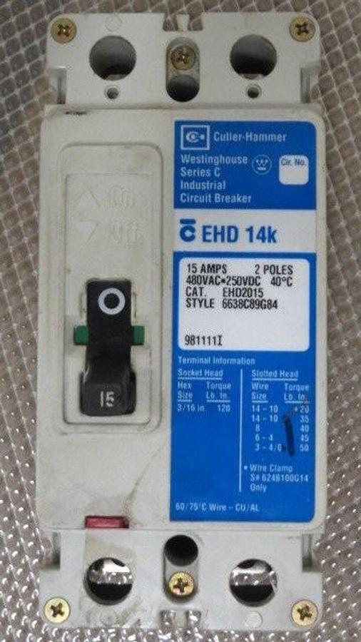 Used CUTLER HAMMER WESTINGHOUSE EHD 14K BREAKER 15 AMP 480 VAC 2 POLE MODEL EHD2015