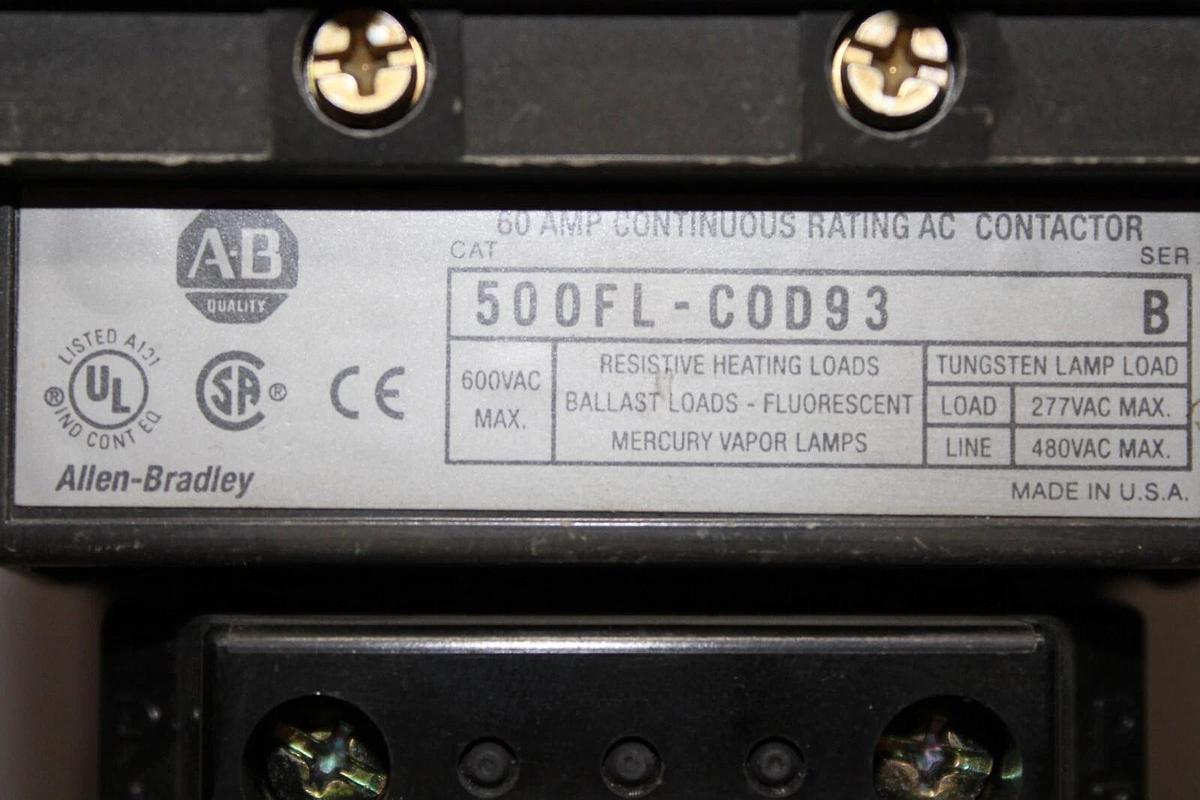 Used ALLEN BRADLEY STARTER 500FL-C0D93 600 VAC 60 AMP COIL: 120 VAC **WARRANTY**