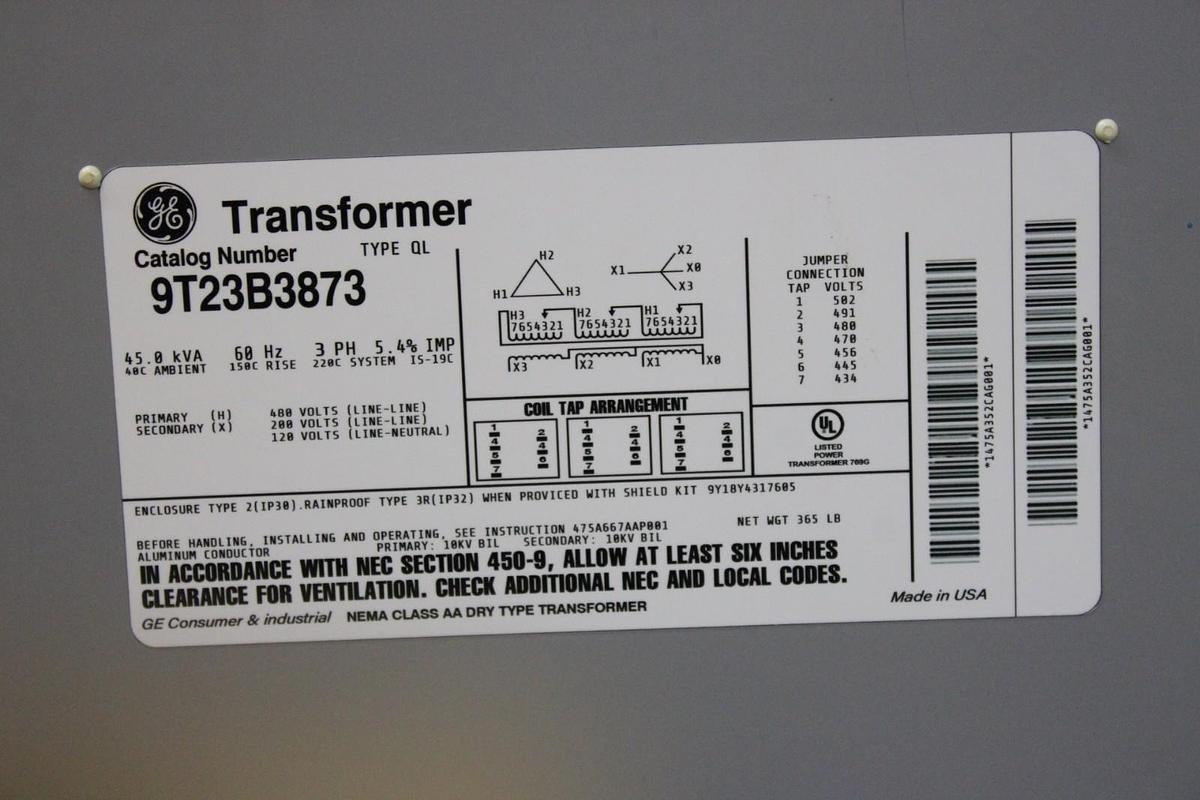 Used 45 kVA GE TRANSFORMER 9T23B3873 HIGH: 480V LOW: 208/120V 3-PHASE 60 HZ