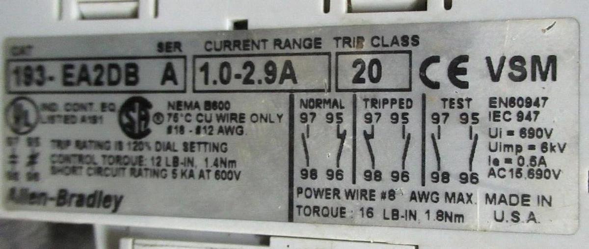 Used ALLEN BRADLEY OVERLOAD RELAY 193-EA2DB SER. A 1-2.9 AMP **WARRANTY**