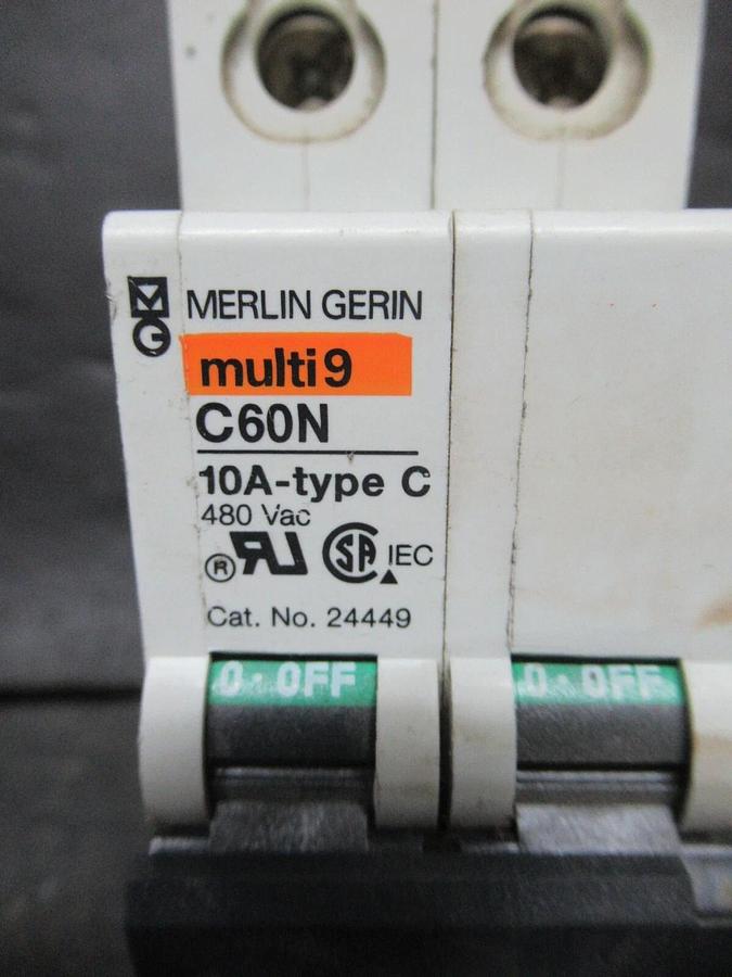 Used MERLIN GERIN THREE POLE BREAKER 24449 MULTI 9 C60N 10A-TYPE C 480 VAC