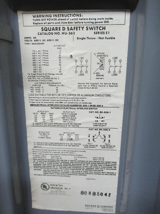 Used SQUARE D SAFETY SWITCH H-363 TYPE 1 ENCLOSURE 60 AMP 60 HP 600 VAC 3-POLE