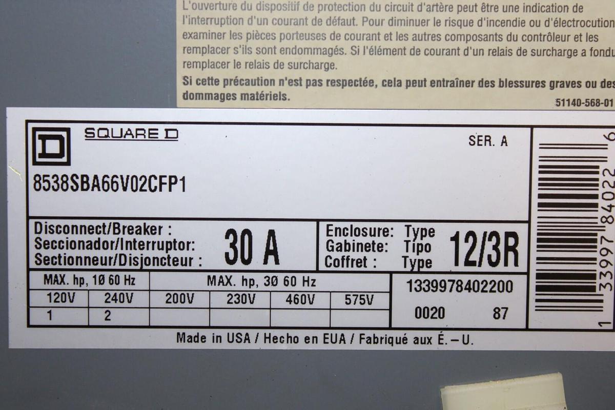 Used SQUARE D SIZE 0 FUSIBLE COMBINATION STARTER 8538SBA66V02CFP1 NEMA 3R 30 AMP