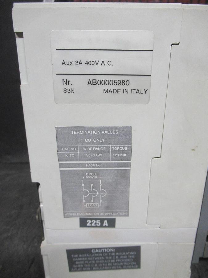 Used ABB CIRCUIT BREAKER S3H SACE S4 225 AMP 480 VAC 500 VDC 3-POLE W/ AUXLLIARY