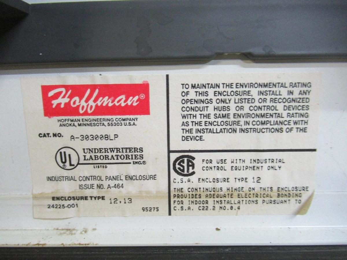 Used HOFFMAN TYPE 12, 13 ENCLOSURE A-303008LP 30" X 8" X 30" **WARRANTY**