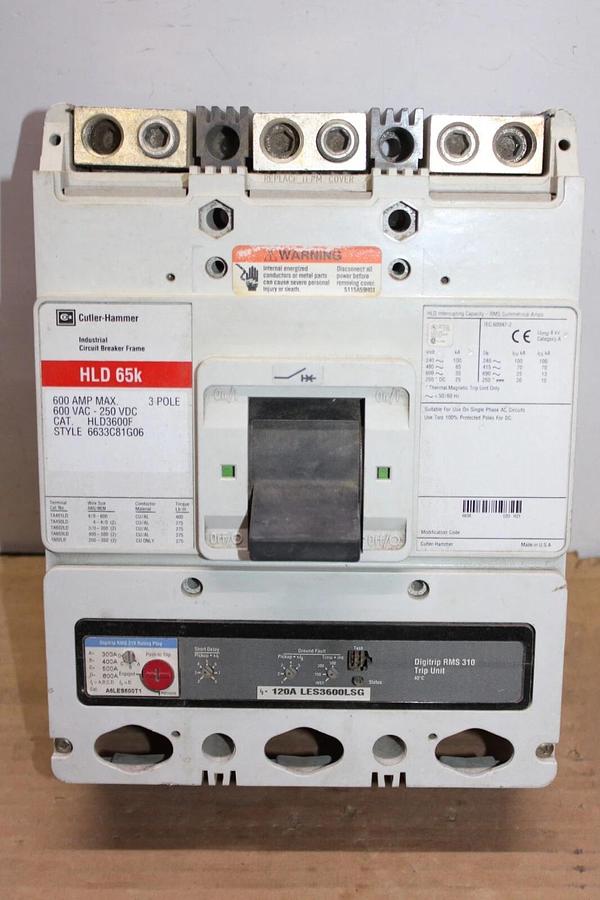 Used CUTLER HAMMER CIRCUIT BREAKER HLD3600F 600 AMP FRAME 120 AMP TRIP 600 VAC 3-POLE