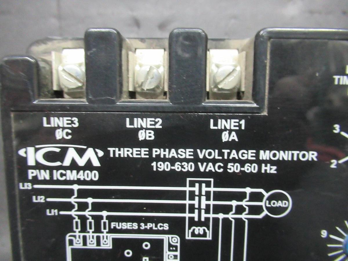 Used ICM THREE PHASE VOLTAGE MONITOR ICM400 190-630 VAC 3-POLE 50-60 HZ **WARRANTY**