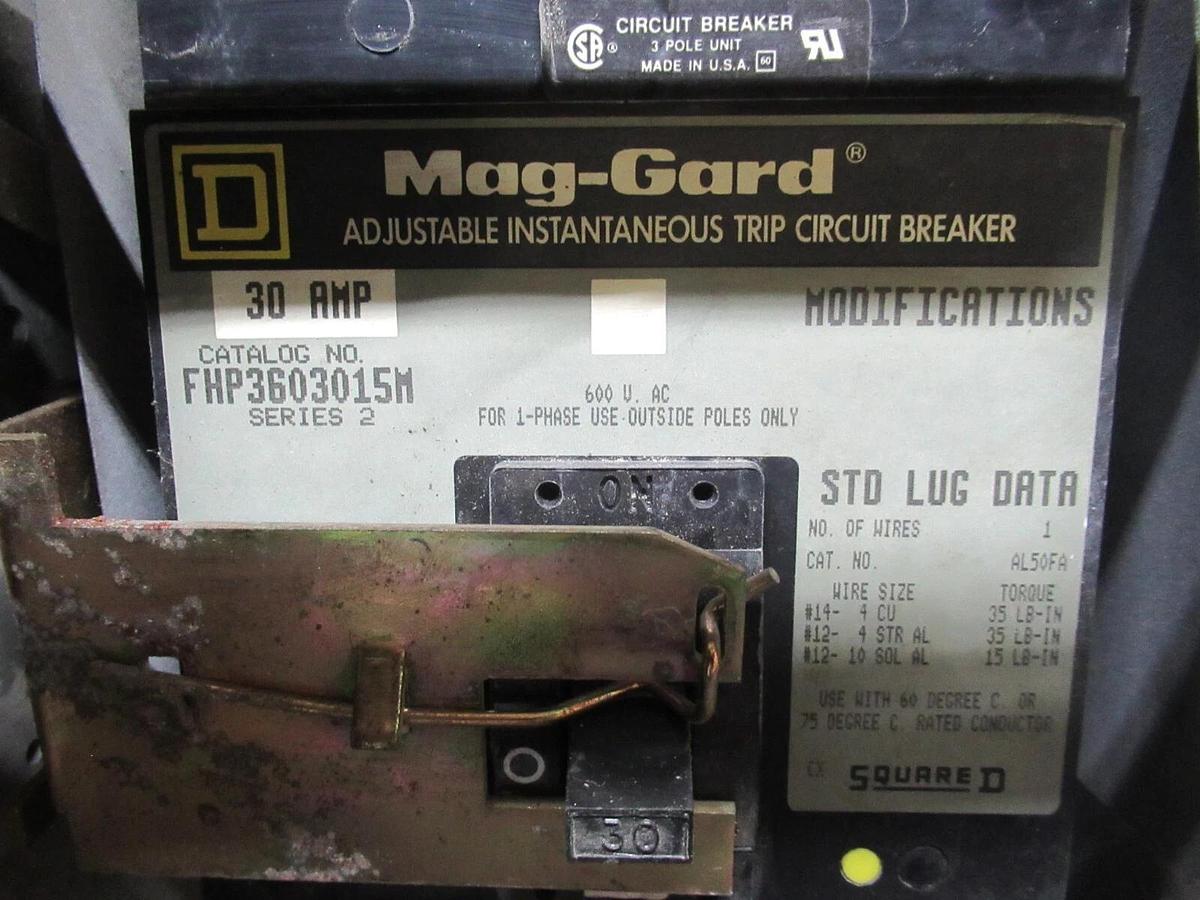 Used SQUARE D MCC MOTOR CONTROL FEEDER 12" MODEL 5 W/ FHP3603015M BREAKER 30 AMP