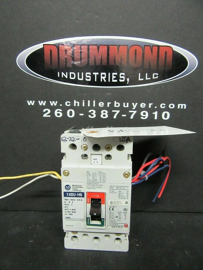 Used 15 AMP ALLEN BRADLEY BREAKER 140U-H6C3-C15 3 POLE 480 VAC W/ SHUNT TRIP AND AUX.