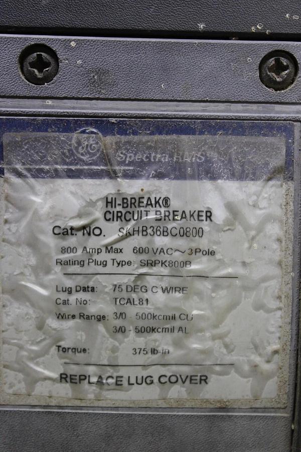 Used GE SPECTRA RMS HI-BREAK CIRCUIT BREAKER SKHB36BC0800 800 AMP 600 VAC