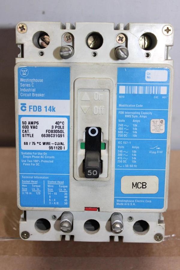 Used WESTINGHOUSE CIRCUIT BREAKER FDB3050L 50 AMP 3-POLE 600 VAC **WARRANTY**