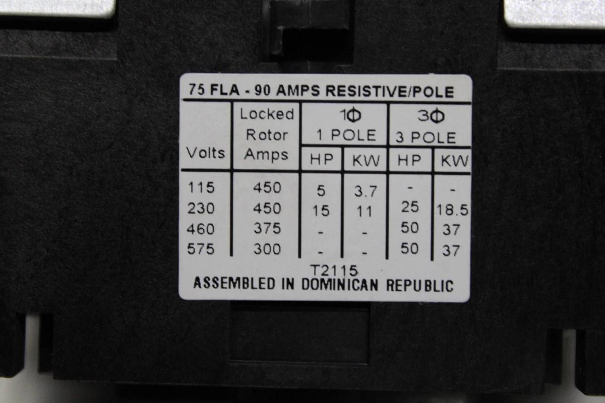 Used EATON DEFINITE PURPOSE CONTACTOR C25FNF375 75 AMP 600 VOLT 50 HP 3-POLE 3-PHASE