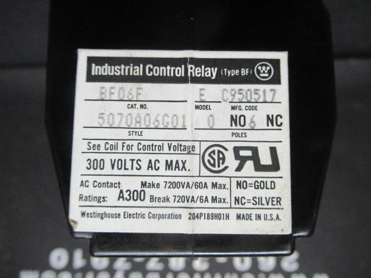 Used WESTINGHOUSE INDUSTRIAL CONTROL RELAY BF06F MODEL E 6-NC 60 AMP 120 VAC