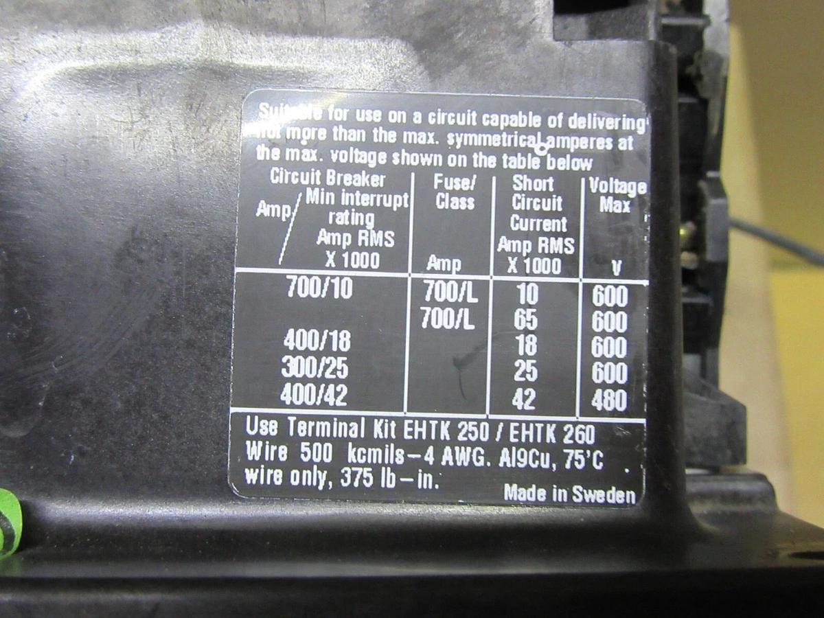 Used ABB CONTACTOR EH-260 600 VAC 300 AMP 250 HP 3-PHASE 3-POLE COIL: 24 VDC