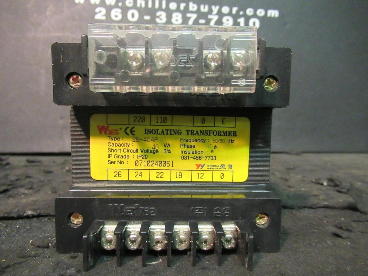 Used 0.04 KVA (40 VA) WYES ISOLATING CONTROL TRANSFORMER 220 - 120 V / 24 VAC 26-40AP
