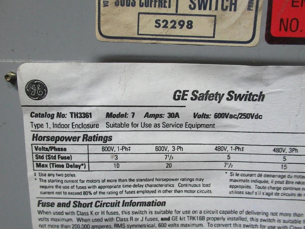 Used GE TYPE 1 ENCLOSED SAFETY SWITCH TH3361 MODEL: 7 30 AMP 600 VAC 20 HP *WARRANTY*