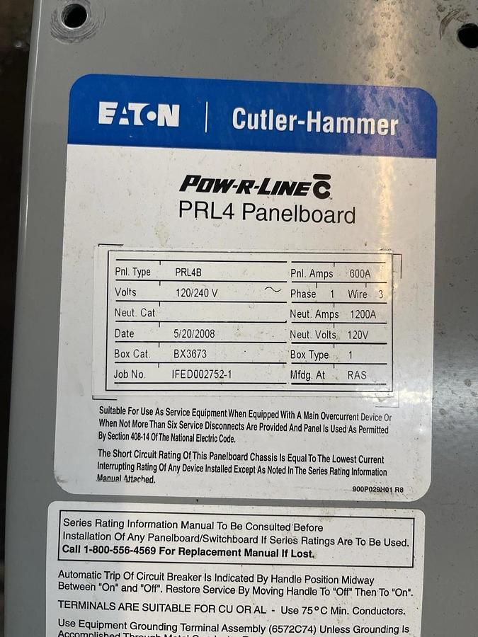Used EATON POW-R-LINE PRL4 PANELBOAD PRL4B 600 AMP 120/240 VAC 1-PHASE 3-WIRE BX3673