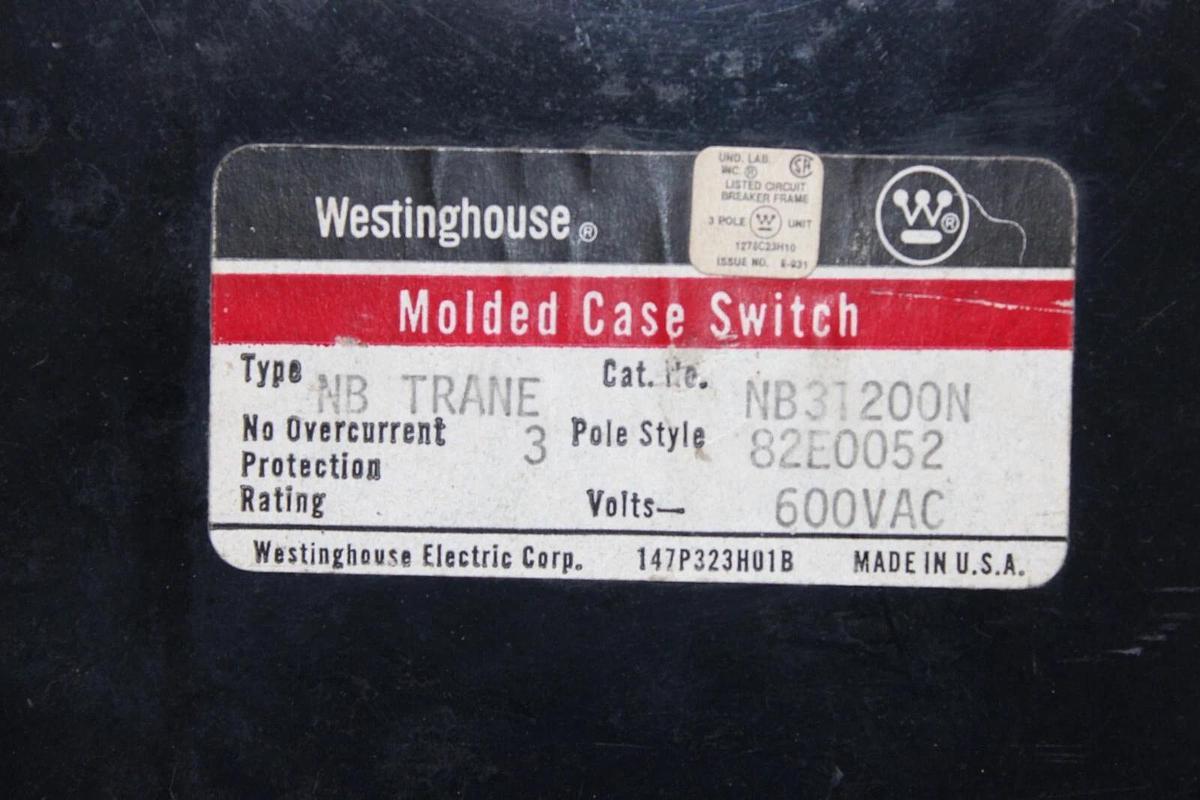 Used CUTLER HAMMER MOLDED CASE SWITCH NB31200N 1200 AMP 3-POLE 600 VAC