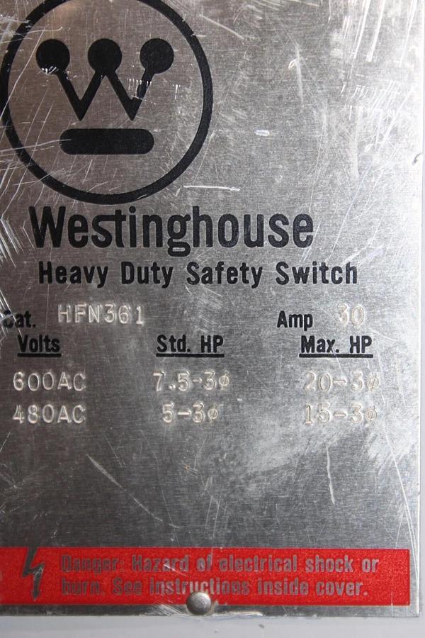 Used WESTINGHOUSE HEAVY DUTY SAFETY DISCONNECT SWITCH HFN361 30 AMP 600 VAC